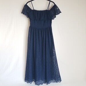 H&M Lace Off Shoulder Midi Dress Navy Blue SIZE 4 Spaghetti Strap Elastic